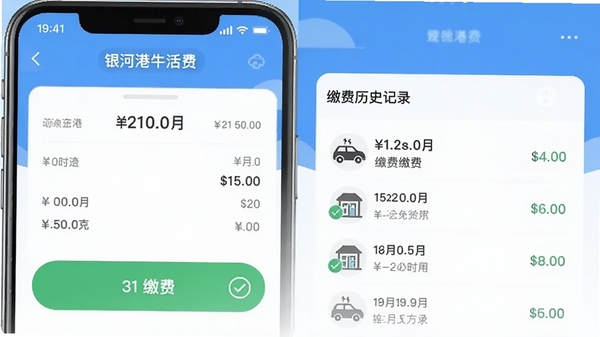 ���Ӹ�����APP��ˮ��ȼ���ɷѽ��棬��ʾ�������˵����ɷѰ�ť�ͽɷ���ʷ��¼�����������ˣ�������ɫ�Թ���ʾ�ɷѳɹ�