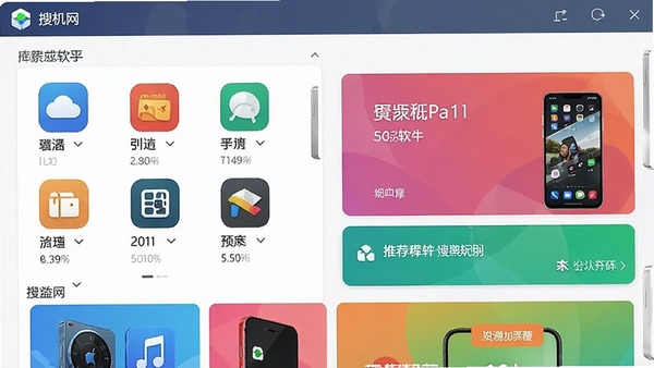 搜机网软件主界面截图,展示丰富的应用分类和推荐位,画面清晰现代,色彩明快