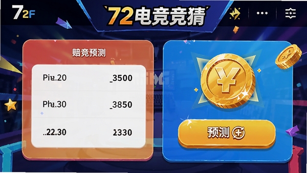72电竞竞猜页面,显示赔率与预测按钮,金币图标,界面活泼,色彩明亮