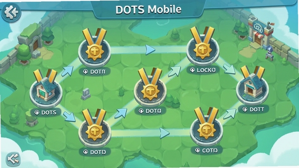 һ��չʾDOTS Mobile�ؿ�ѡ������ͼƬ����ͼ�Ϸֲ��Ŷ���ؿ��ڵ㣬���ֹؿ��ѻ�ý�ɫѫ�£�������Ʒ��ͳһ��ɫ�����£��Ӿ���������