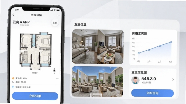 �Ʒ�A��APP�ķ�Դ����ҳ��ͼ��ҳ��չʾ���ݻ���ͼ��ʵ����Ƭ���۸�����ͼ�Լ�ҵ����Ϣ��UI���ǿ����Ϣ�㼶������������ť��Ŀ������Ϊ��͵�ǳ��ɫ���䡣