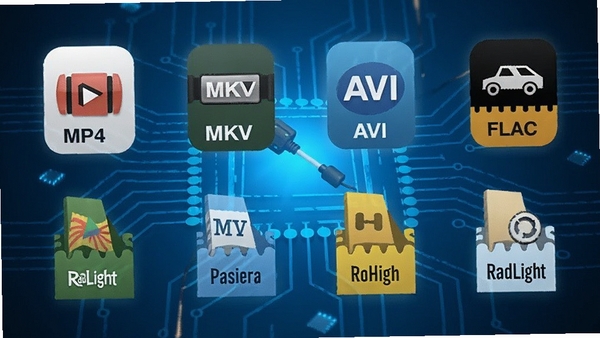 RadLight支持多种音视频格式图标展示,包括MP4、MKV、AVI、FLAC等,背景为科技感蓝色调
