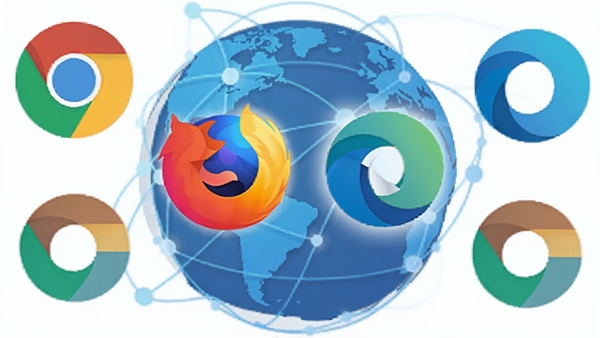 财付通安全控件兼容多浏览器图标墙,展示Chrome、Firefox、Edge等logo,背景为地球网络,蓝色调,现代扁平化设计