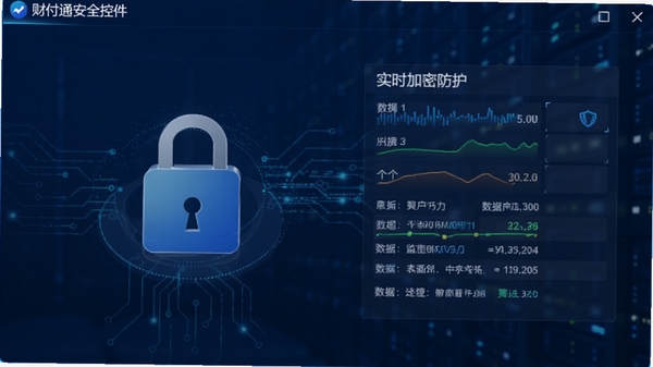 财付通安全控件实时加密防护界面,显示加密锁图标和实时监控数据流,深蓝色背景,科技感强