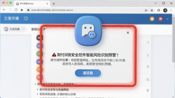 财付通安全控件智能风险识别预警弹窗,红色警告边框,提示危险网址,背景为浏览器页面,3D图标风格