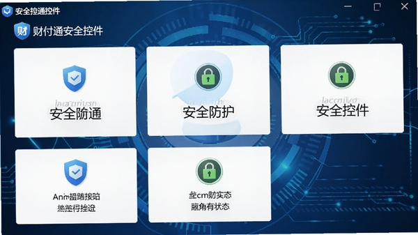 财付通安全控件界面截图,展示安全防护功能模块和加密状态图标,蓝色科技感风格,高清细节