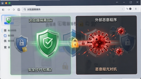 财付通安全控件内核级安全隔离示意图,展示浏览器隔离区与外部恶意程序对抗场景,绿色安全盾牌与红色病毒对比,高清渲染