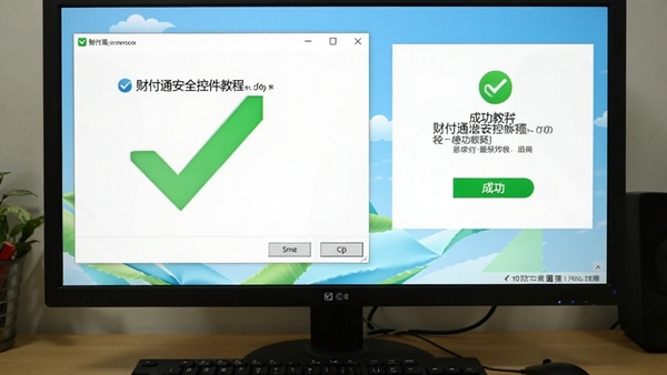 财付通安全控件使用教程截图,步骤清晰,含安装界面和成功提示,背景为电脑屏幕,绿色对勾图标,明亮风格