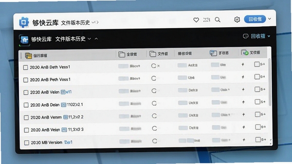 够快云库文件版本历史列表和回收站界面,展示不同时间点的版本记录
