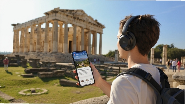 ����Tour�������⹦�ܵ�ʹ�ó���ͼ��һλ�����ߴ��Ŷ���վ�ڹż�ǰ���ֻ���Ļ����ʾ������ܿ�Ƭ����Χ�����������ģ�ͻ������ʽ���顣