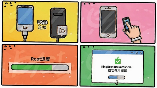 KingRoot���԰�ʹ�ý̳�ͼʾ��չʾUSB���ӡ�������װ��Root���������ɹ������ĸ��������ɫ������������׶���