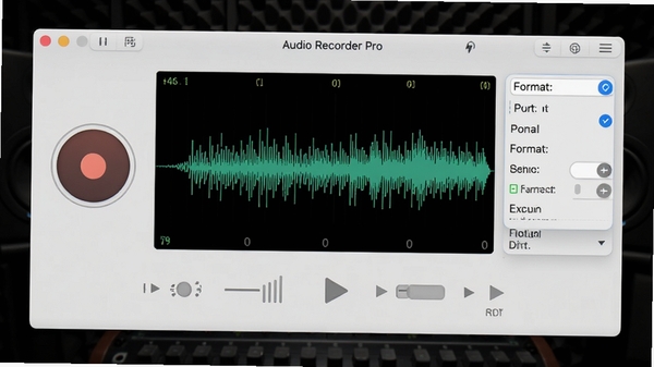һ��չʾAudio Recorder Pro���԰�������ĸ����ͼ���������¼����ť����������ͼ����ʽѡ��˵�������Ϊ��ɫרҵ��Ƶ�����ҷ�񣬻��������ִ���ͻ��������רҵ�Ժ������ԡ�