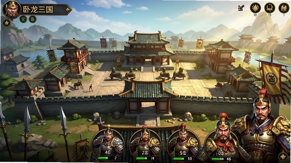 卧龙三国游戏主城界面截图,展示三国风格建筑与武将立绘,画面精美,光影效果突出