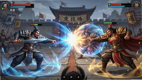 卧龙三国竞技场对战画面,展示双方武将技能对波特效,UI设计清爽,战斗打击感强