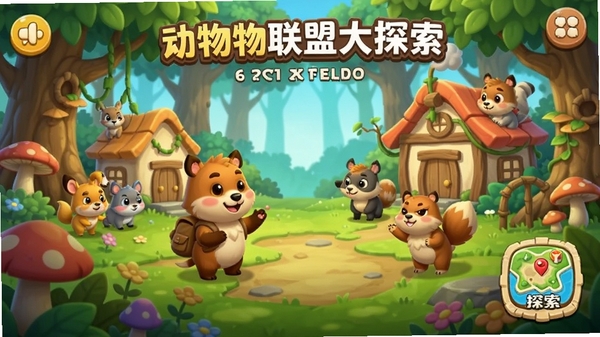动物联盟大探索游戏主界面,展示多种可爱动物在森林家园中互动,卡通渲染风格,色彩明亮,UI设计简洁,包含动物图鉴和探索地图图标,整体氛围轻松欢快,横版构图,适合作为游戏宣传封面