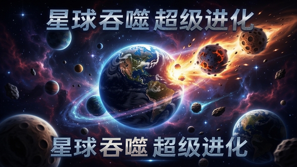 星球吞噬超级进化游戏整体宣传图,展示一颗行星在璀璨星云中不断吞噬其他小天体的宏大场景,画面色彩绚丽,充满科幻感