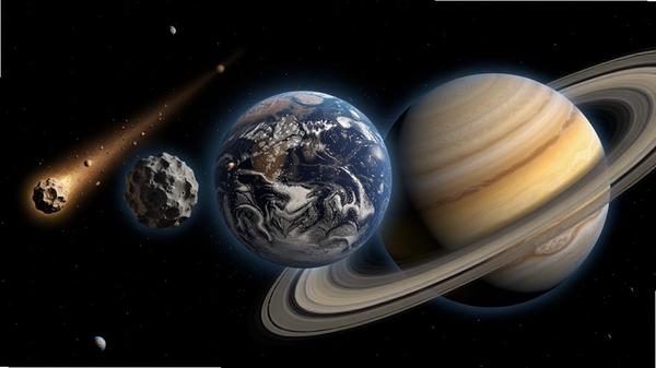 展示星球从一颗小陨石逐步吞噬成长,体积不断变大,表面细节愈发丰富,最终成为一颗带有光环的巨大行星的过程图