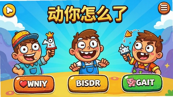 动你怎么了游戏主界面截图,展示色彩鲜艳的卡通角色和搞怪互动按钮,整体风格活泼有趣
