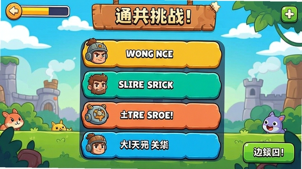通关挑战游戏截图,展示主界面关卡列表和闯关卡通风格画面