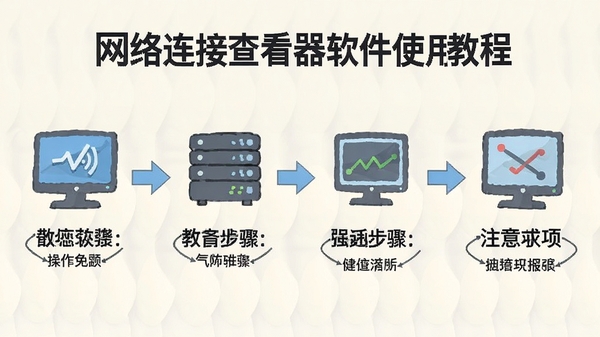 网络连接查看器软件使用教程的示意图,展示操作步骤和注意事项,背景为浅色,配以图标和文字说明,风格教育性。