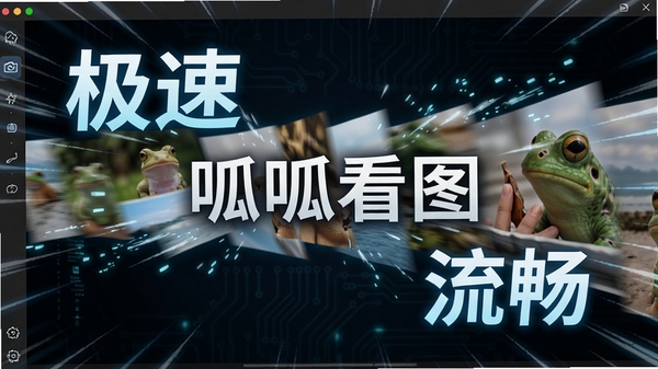 一张动图风格的概念图,展示呱呱看图软件中快速切换多张高分辨率图片,图片如流水般流畅切换,周围有速度线特效,背景为深色科技感,突出“极速”与“流畅”两个关键词,画面中央有软件名称“呱呱看图”水印
