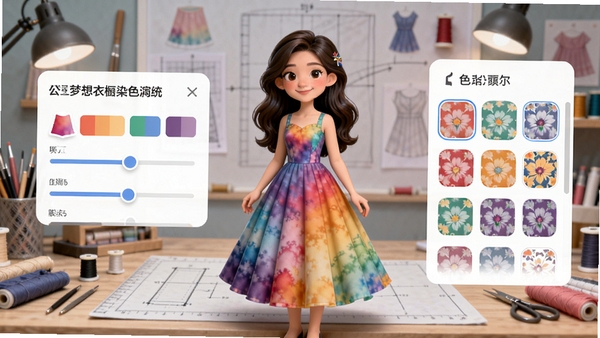 公主梦想衣橱染色系统演示图,展示服装颜色调整滑块与花纹选择面板,背景为设计工作台,角色穿着染色后的裙子,色彩渐变自然,界面简洁明了,适合功能展示。