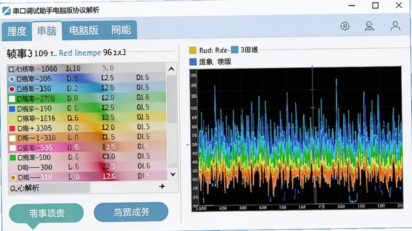 串口调试助手电脑版协议解析面板,展示帧数据分解和波形图,色彩鲜明,交互友好