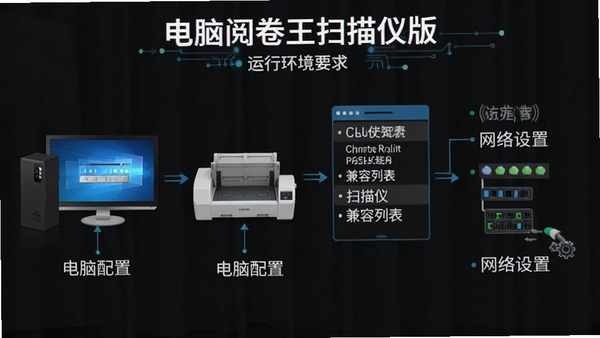 电脑阅卷王扫描仪版运行环境要求示意图,包含电脑配置、扫描仪兼容列表、网络设置等