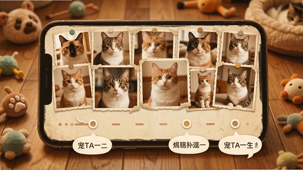 ��TAһ��APP�ĳɳ�ʱ������棬��Ļ�����ǲ�ͬʱ��è�����Ƭƴ�����·������ڽڵ����������ݣ������ǰ���������ߵ�ľ�ذ壬ɫ����ů����