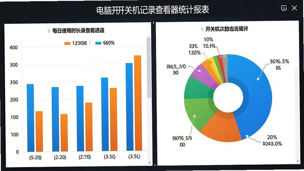 电脑开关机记录查看器统计报表界面,展示每日使用时长柱状图、开关机次数饼图,图表色彩鲜明,数据清晰