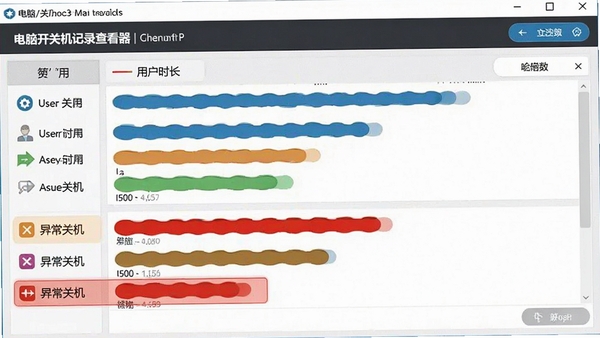 电脑开关机记录查看器多用户管理界面,显示不同用户的使用时长对比,并高亮标注异常关机事件