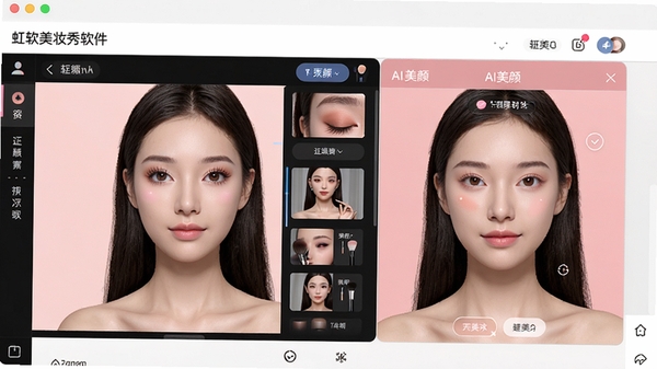 虹软美妆秀软件主界面展示,包含虚拟化妆功能面板和AI美颜效果预览窗口