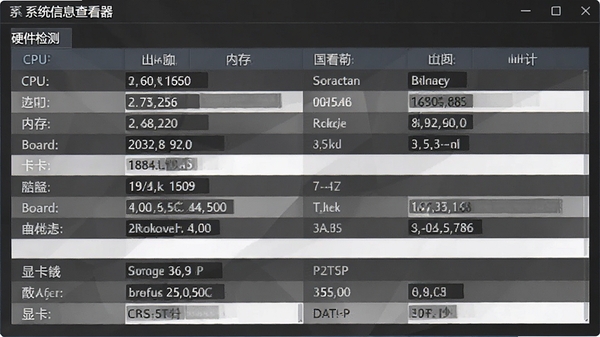 系统信息查看器硬件检测界面,展示CPU、内存、主板、显卡等详细参数表格,数据清晰,界面专业