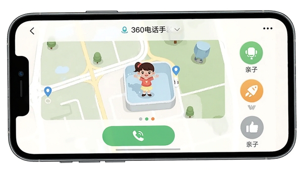 һ��չʾ�ҳ��ֻ���360�绰�ֱ�APP������ĸ����ͼ������������ʾ����ʵʱ��λ��ͼ������ͨ����ť�����ӻ�������ͼ�꣬��������ܰ������ͻ����ȫ�ػ����������ӵ�����