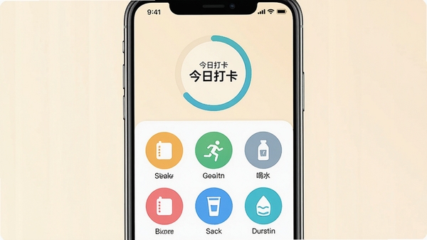 һ���ֻ������ͼ��չʾ�����APP�������棬������ܰ�������������ж����ɫԲ�εĴ���Ŀͼ�꣬���Ķ����˶�����ˮ�����涥����ʾ�����մ򿨡����Ȼ������������ִ���UI��ƾ�����