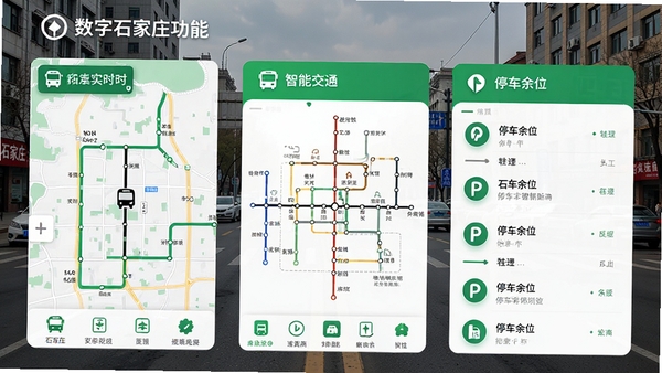 ����ʯ��ׯapp���ǻ۽�ͨ���ܽ��棬չʾ����ʵʱλ�õ�ͼ��������·ͼ��ͣ����λ�б���UI�������ֱ�ۣ���ɫ��ɫ����ͼ���࣬����Ϊʯ��ׯ�ֵ�ʵ����