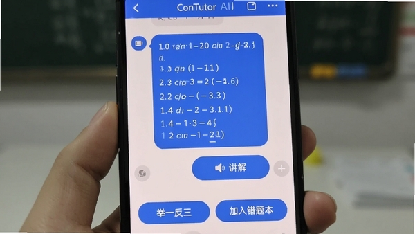 һ�������ֻ���Ļ��д����ʾConTutor��AI�Ի����棬�Ի����ڰ���һ����ѧ��Ķಽ�������������ⰴť�������·��С���һ�������͡�������Ȿ���Ĺ��ܰ����������黯��ͻ��AI�����ı������ȡ�