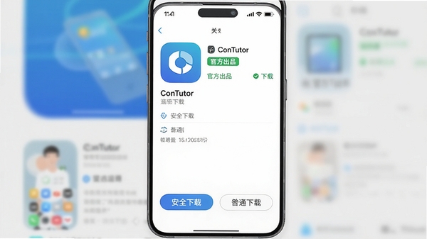 һ�������ֻ�������ͼ����ʾConTutor��Ӧ���̵������ҳ�棬ҳ��������ע���ٷ���Ʒ�������������ֻ��·��С���ȫ���ء��͡���ͨ���ء�������ť��������ģ����APP���棬ǿ����ȫ���ص���Ҫ�ԡ�