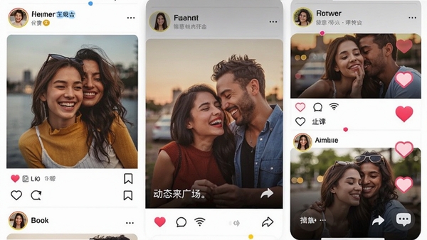 ������Լ��APP��̬�㳡���棬չʾ�û������ľ���ͼƬ�Ͷ���Ƶ���а��ĵ��޺�����ͼ�꣬ɫ�ʷḻ���罻��ΧŨ��