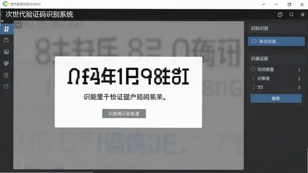 次世代验证码识别系统软件主界面截图,展示清晰的验证码识别结果和简洁的操作面板