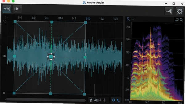 Awave Audio���α༭���棬��ʾ�Ŵ���������ߣ�����ѡ����Ǻ�Ƶ�׷������ڣ������е��뵭���ͽ��빤��ͼ��