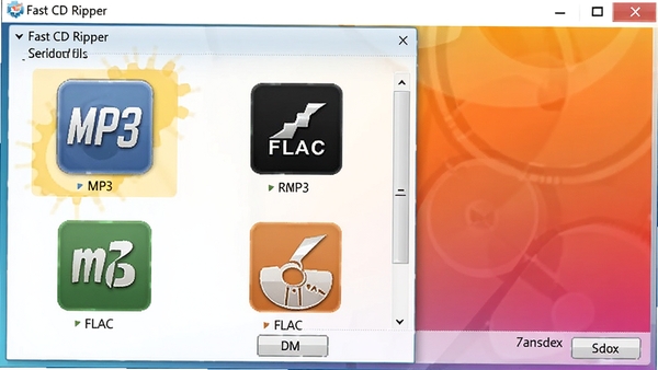 Fast CD Ripper��ʽѡ��˵���ͼ��չʾ������Ƶ��ʽѡ�����ɫ��������ͻ��MP3��FLACͼ�꣬����Ϊ����ɫ��