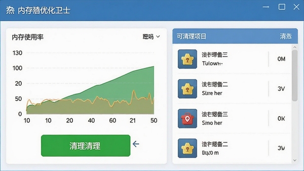 ��ҳ��Ϸ�Ż���ʿ�ڴ��������棬��ʾ�ڴ�ʹ����ͼ���Ϳ�������Ŀ�б�����ɫ������ť��Ŀ����������ֱ��