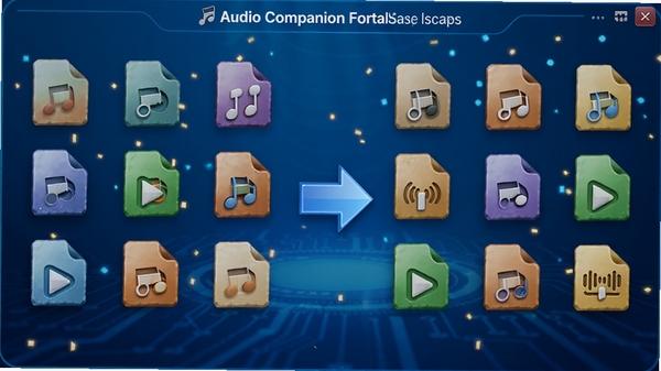 Audio Companion��ʽת�����ܽ��棬��ʾ������Ƶ��ʽͼ�����У��м���ת����ͷ���ӣ�����Ϊ�Ƽ�����ɫ���䣬ͼ��������������Ⱦ����Чת���ķ�Χ