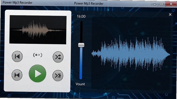 Power Mp3 Recorder�����������ͼ��չʾ¼��������塢�������ڻ�������Ƶ������ʾ��������ִ�������Ϊ����ɫ�Ƽ���ɫ��