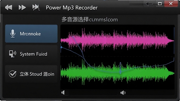Power Mp3 Recorder����Դѡ����棬��ʾ��˷硢ϵͳ�����������������ȶ���ɹ�ѡ��Դѡ������ɫ��Ƶ����ͼ
