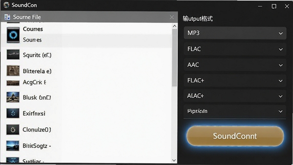 SoundCon������ʽת������չʾ�����ΪԴ�ļ��б����Ҳ�Ϊ�����ʽѡ�����MP3��FLAC��AAC�ȣ�����Ϊ��ɫϵ��ͻ��ת����ť�ĸ���Ч����