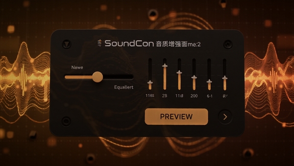 SoundCon������ǿ���չʾ���������뻬�顢������ͼʾ��Ԥ����ť������Ϊ�Ƽ��в���ͼ��ɫ��ƫů��