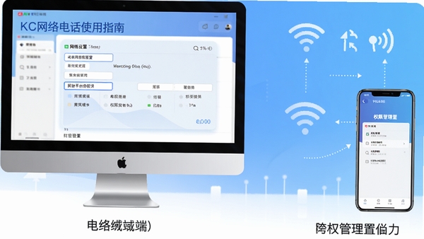 KC����绰ʹ��ָ��ͼ��չʾ���Զ˺��ֻ���ͬʱ��¼ͬһ�˺ţ���Ļ����ʾ��������ѡ���Ȩ�޹������棬����Ϊ������ɫ������Wi-Fi����������ͼ�꣬ǿ����ƽ̨Эͬ��Ȩ�����ã������������