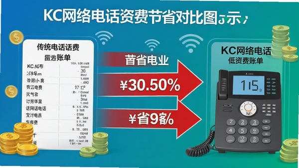 KC����绰�ʷѽ�ʡ�Ա�ͼʾ�����Ϊ��ͳ�绰�����˵����Ҳ�ΪKC����绰���ʷ��˵����м��ú�ɫ��ͷ�Ͱٷֱ�����չʾ��ʡ������Ϊ����ɫ���䣬����Ӳ�Һ�Wi-Fiͼ��Ԫ�أ��������ֱ�ۣ�ͻ��ʡǮ���ơ�